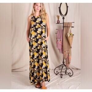 Natural Life Floral Maxi Dress XS S Black Yellow Flowers Garden Long Sleeveless